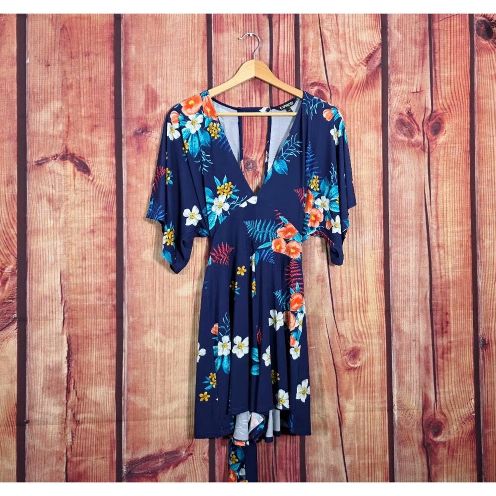 Express Blue Floral Kimono Sleeve Romper S